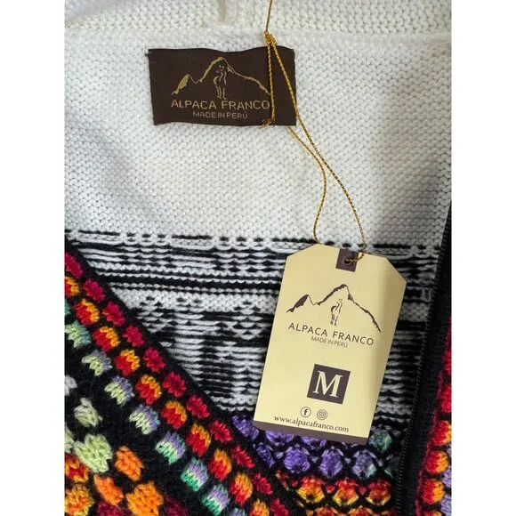 Alpaca White Multi-color Peruvian Wool Zip Cardigan Sweater‎ Hooded Pockets Sz M - Picture 4 of 6
